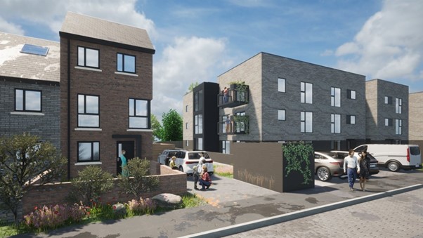 CGI of homes with people and cars in front of them