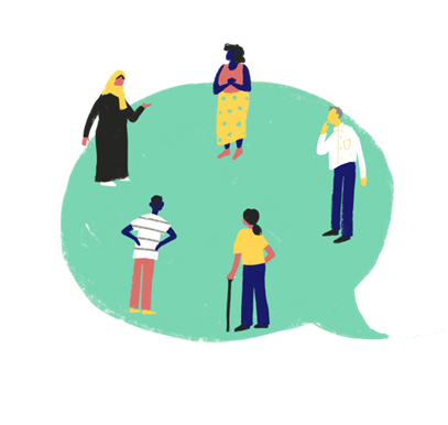 Illustration of a speech bubble and a group of people standing in it
