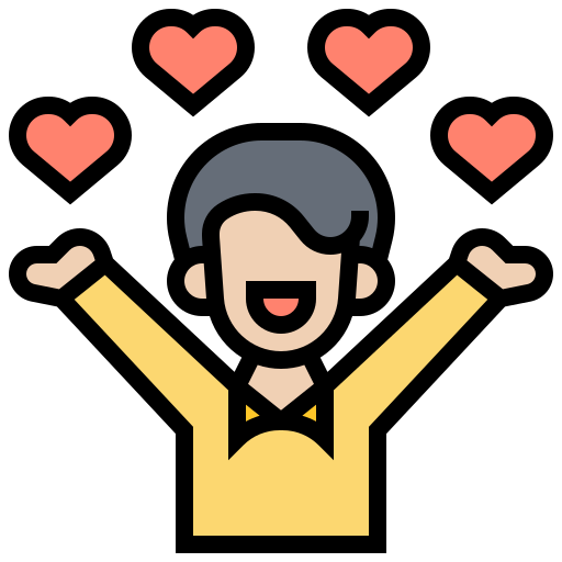 an icon of a person with thier hands up and four hearts abouve them