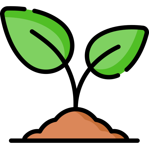 Plant graphic. two green leaves, stems going into a small mound of brown soil.