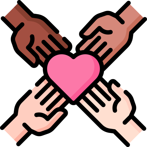 An icon showing unity. It has four hands of varying skin tones reaching out to a heart in the middle. The image is 2D.
