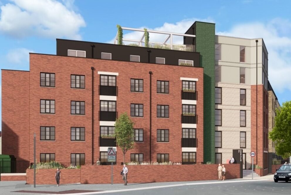 CGI image of red brick apartment block