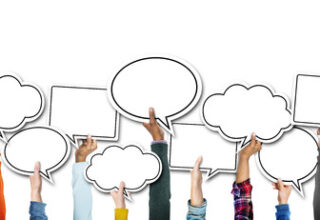 arms holding up different speech bubbles