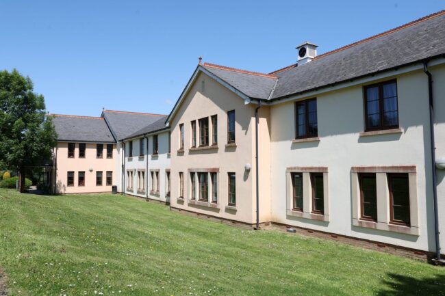 Row of modern residential building with pale rendered walls, dark roofs, and brown window frames.