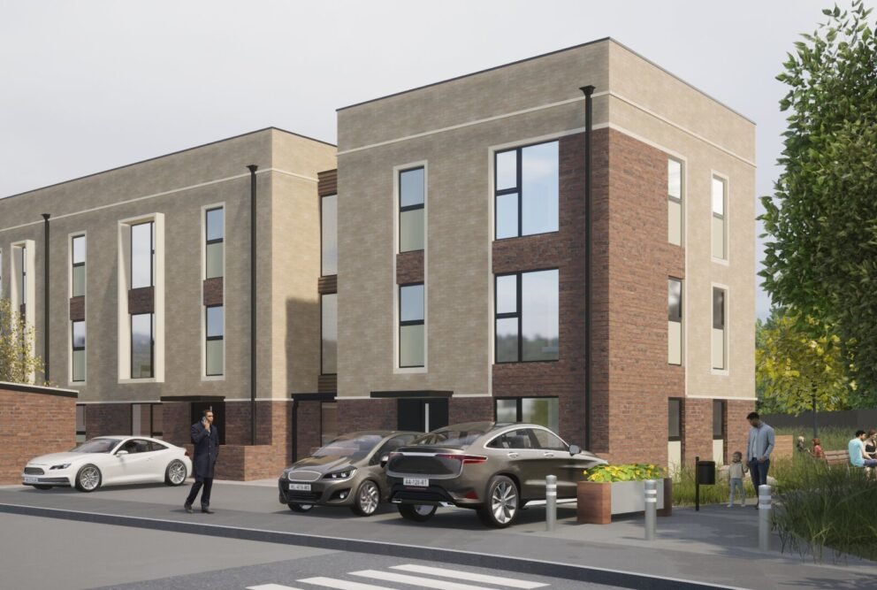 Modern residential block rendering, showing beige and brick facades, parked cars, and pedestrians.