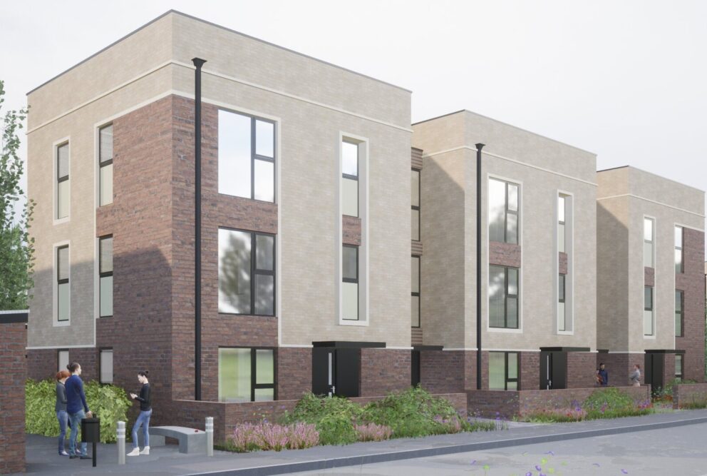 CGI of Hafod's evelopment in Barry, featuring modern apartment blocks