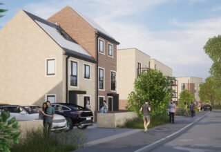 Computer generated image of a street view of modern residential buildings with solar panels on rooftops, parked cars in driveways, and several people walking by.