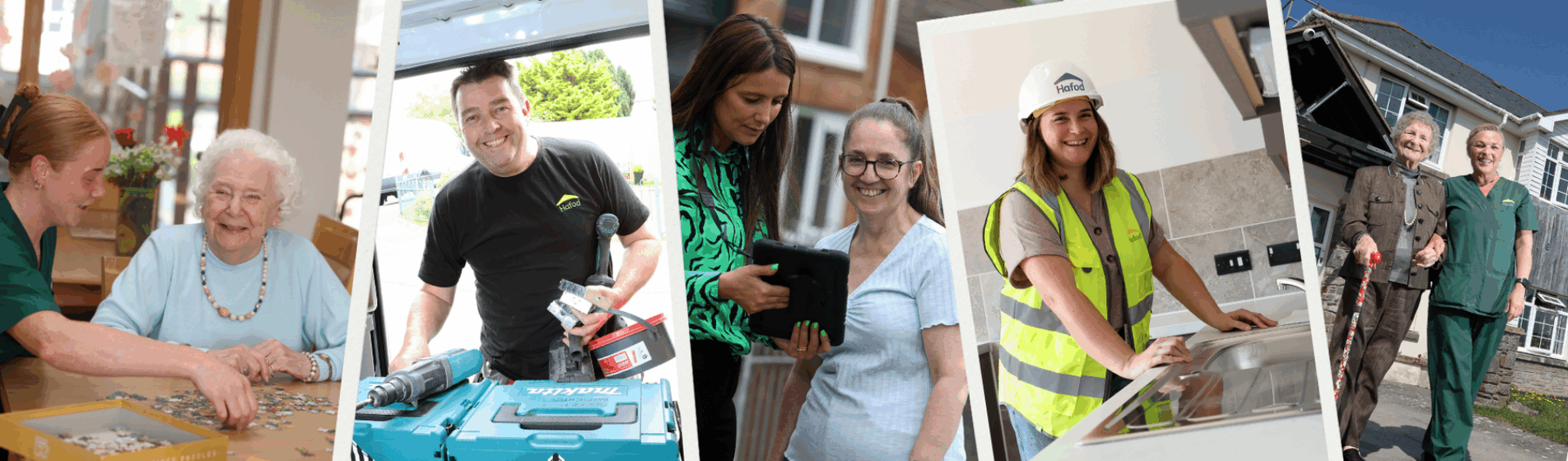 A range of images including, carrer and older lady, a man eith some tools, a neighbourhood coach and customer, develoment colleague in a Hafod Housing Association hard hat and a carer with an older lady outside a care home.