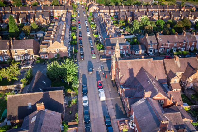 Sunset over traditional British houses and streets