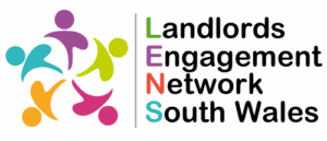Logo for Landlords Engagement Network South Wales (LENS), showing five multi-coloured figures.