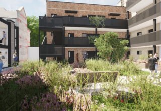 Computer generated image of modern apartments and garden space