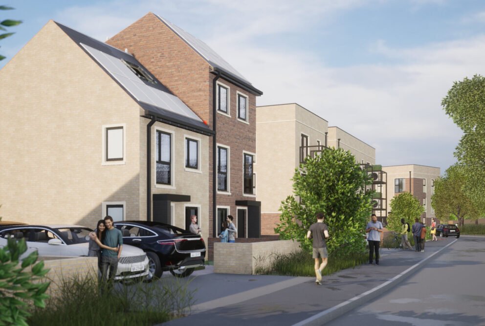 Architectural rendering of new build homes with solar panels, parked cars, and residents outside.