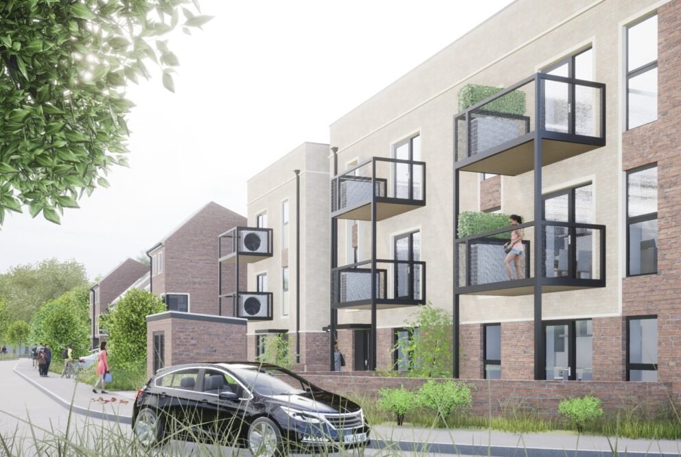 Architectural rendering of new flats and terraced homes with balconies and landscaping.