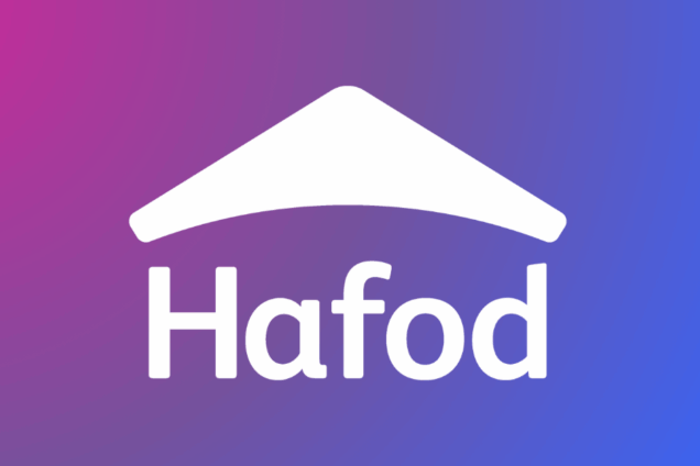 a pink to purple to blue background with a white Hafod logo