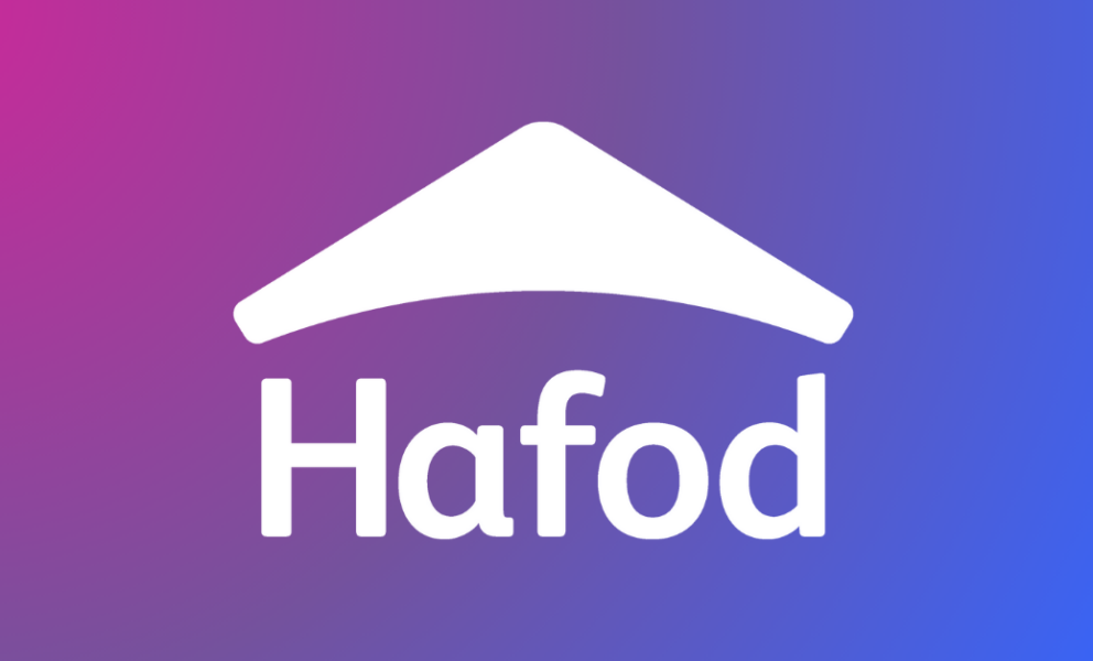 a pink to purple to blue background with a white Hafod logo