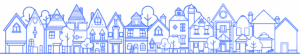 A blue outline of homes, trees showing community