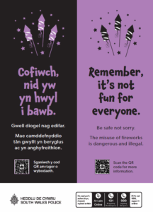 Bilingual poster warning that fireworks are dangerous and illegal, featuring the South Wales Police logo. 
