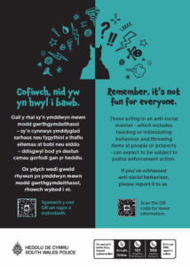 Bilingual poster warning that fireworks are dangerous and illegal, featuring the South Wales Police logo. 