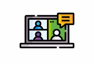 Icon of a computer with three people on the screen and one talking