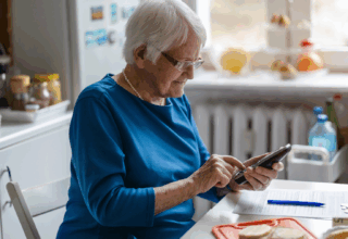 an older lady dialling a number on a phone in her kitchen