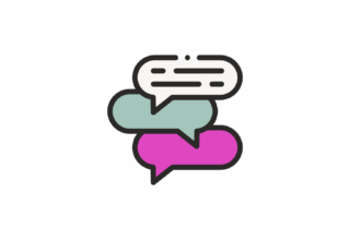 Three speech bubbles in different colours