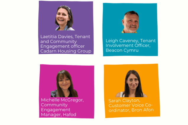 Headshots of four housing organisation staff: Laetitia Davies, Leigh Caveney, Michelle McGregor, and Sarah Clayton.