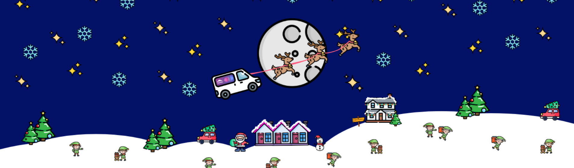 A Christmas illustration, including a care home, and homes in the community.