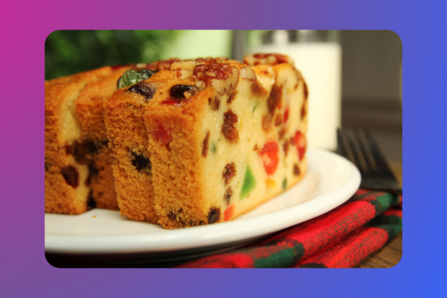 A photo of slices of a fruit cake on a purple and blue background