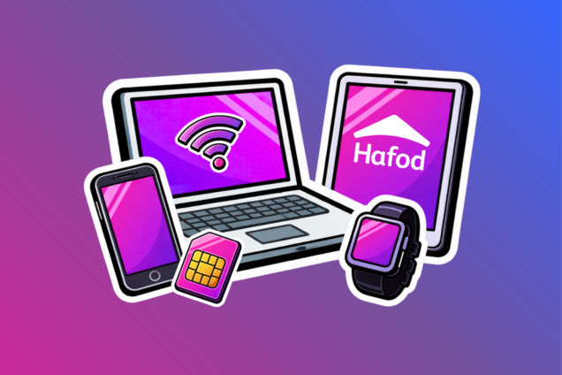 A laptop, tablet, phone, sim card and smartwatch in a sticker tuype illustration on a faded backgrounf from blue to pink.
