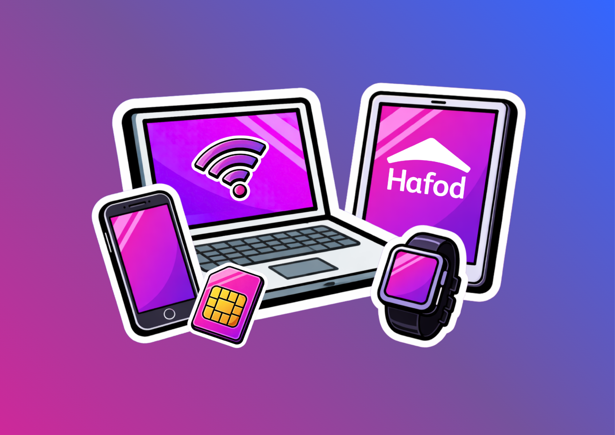 A laptop, tablet, phone, sim card and smartwatch in a sticker tuype illustration on a faded backgrounf from blue to pink.
