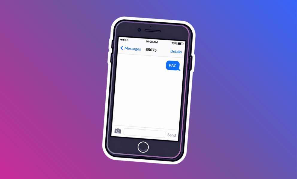 A mobile phone on a purple and blue background. The mobile phone has a message requesting a PAC code.