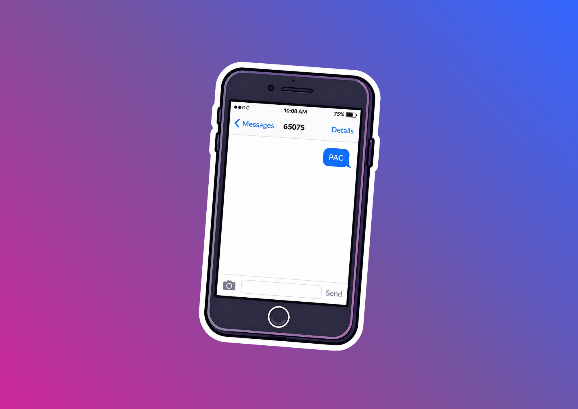 A mobile phone on a purple and blue background. The mobile phone has a message requesting a PAC code.