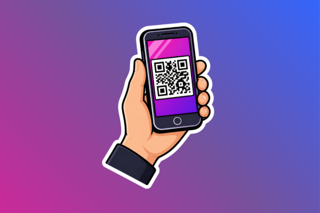 A sticker style image of a QR code on a mobile phone with a hand holding it.