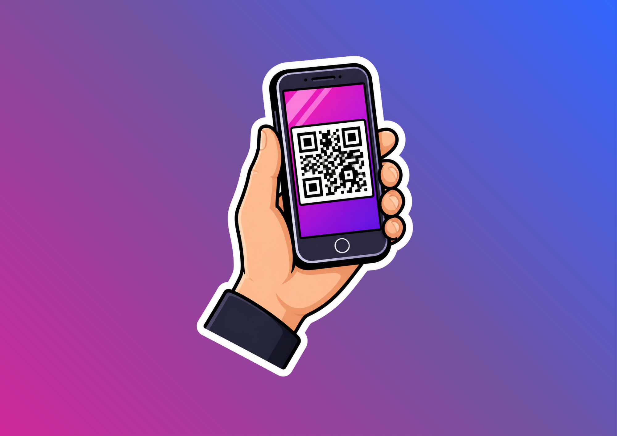 A sticker style image of a QR code on a mobile phone with a hand holding it.